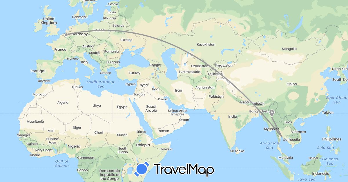 TravelMap itinerary: driving, plane in Belgium, Myanmar (Burma), Thailand (Asia, Europe)